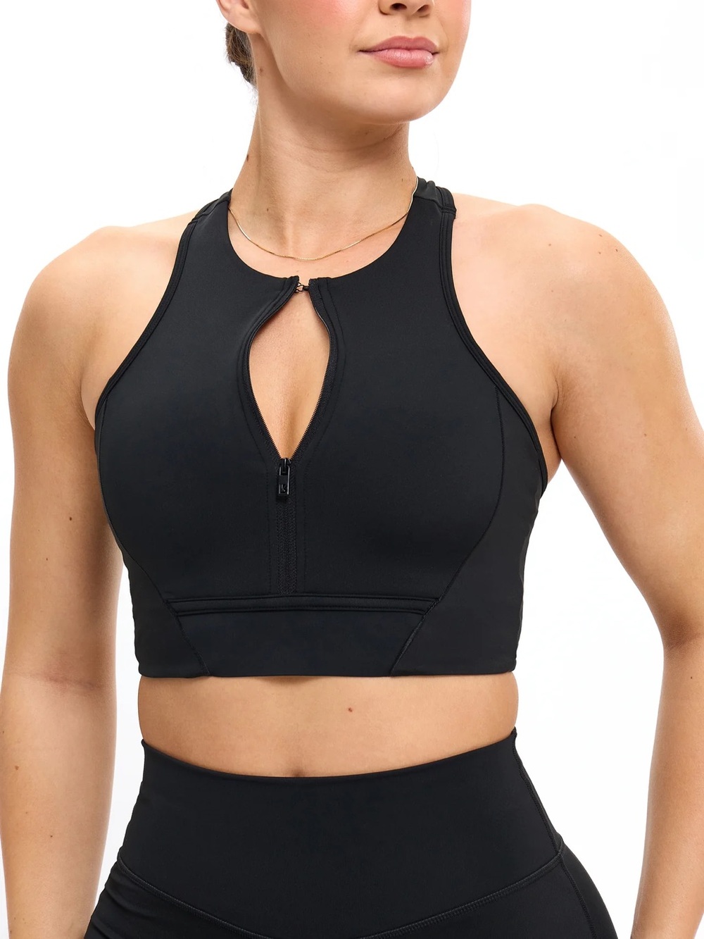 BuffBunny Black High-Neck Zip Keyhole Sports Bra